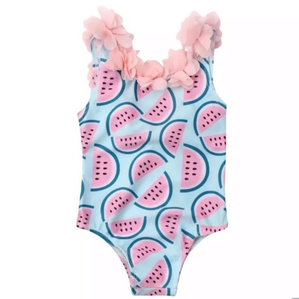 Watermelon Little Girls’ Toddler Fun Onesie Swimsuit Pink Blue Ruffles NWT